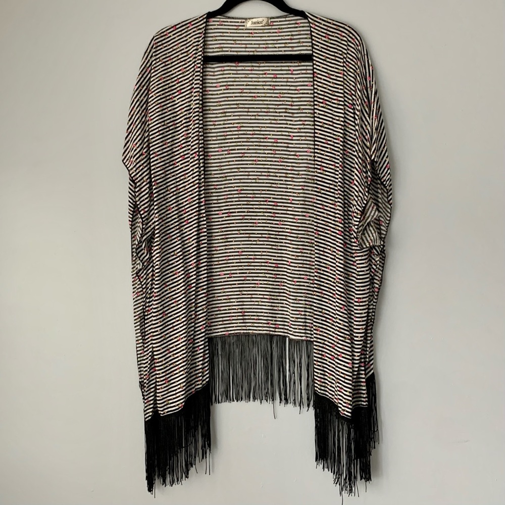 Black and White Stripe Floral Kimono